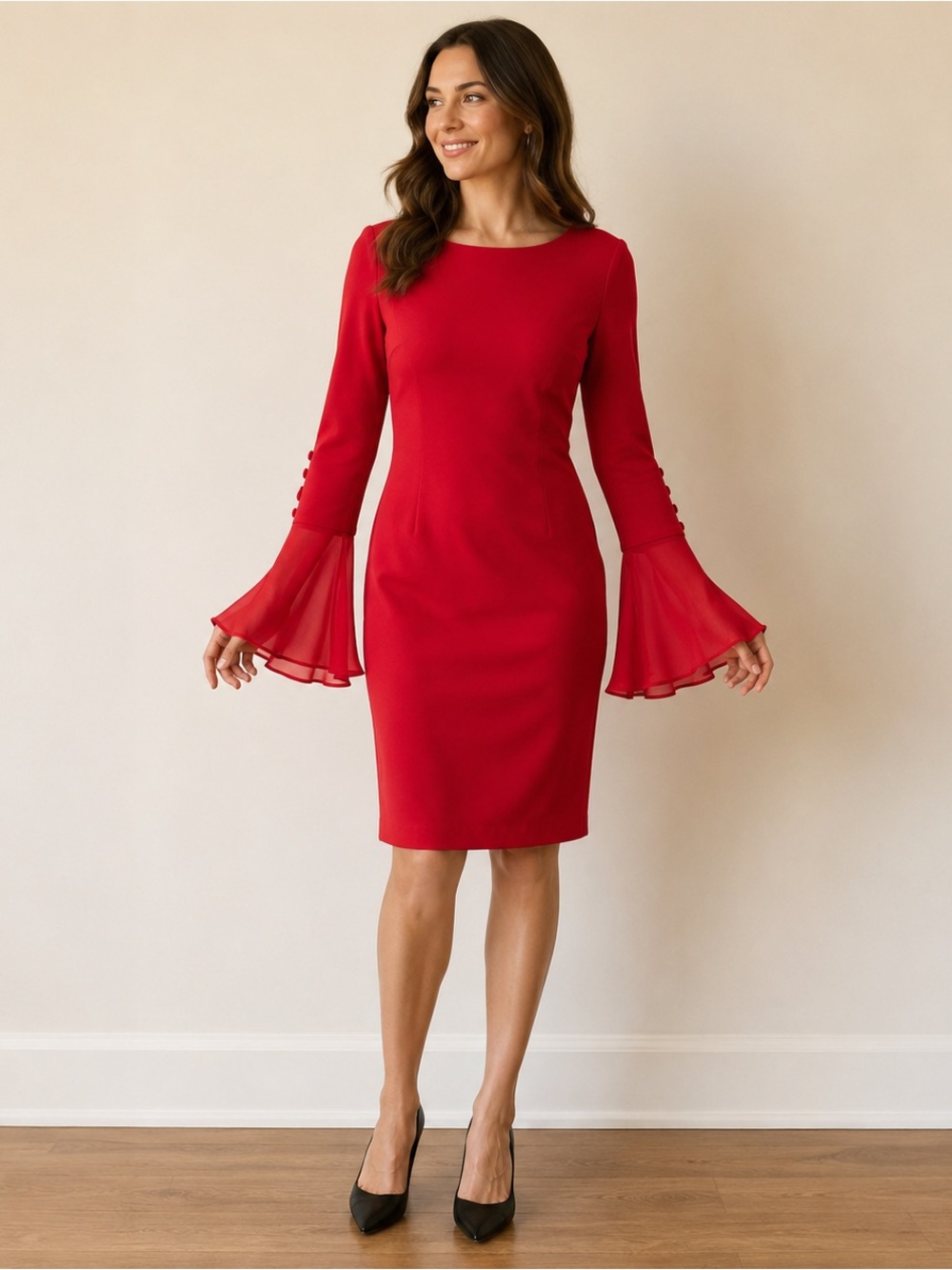 Calvin Klein Red Sheath Dress 4 Chiffon Bell Sleeve Cocktail Party NWT